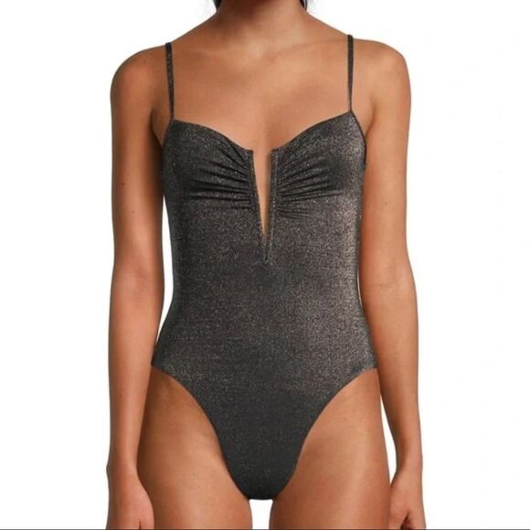 Nwt L*SPACE Black Roxanne V Neck One Piece Bitsy Shimmering One-Piece Swimsuit - Picture 1 of 7